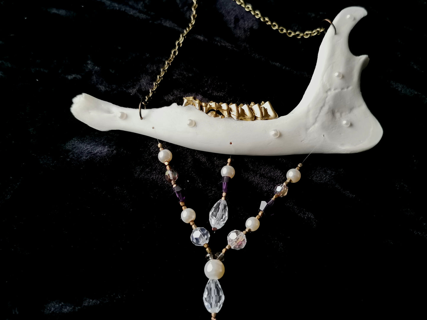 Deer jawbone wall hanger with pearl, clear and purple glass and crystal beads