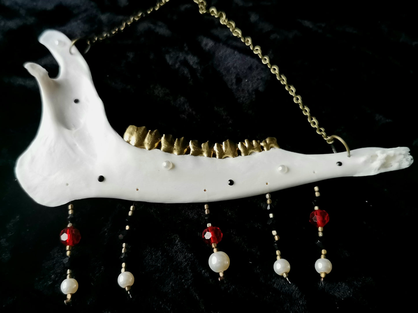 Deer jawbone wall hanger with red, black glass and crystal beads