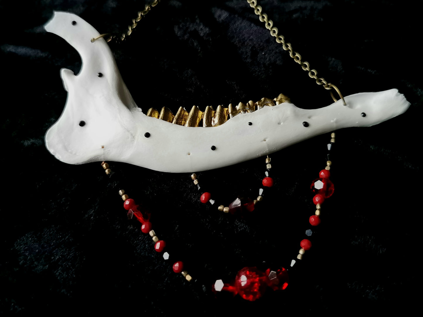 Deer jawbone wall hanger with red and black glass and crystal beads