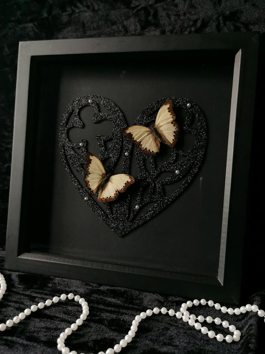 Common Glider butterflies frame with black glitter gothic heart and pearls