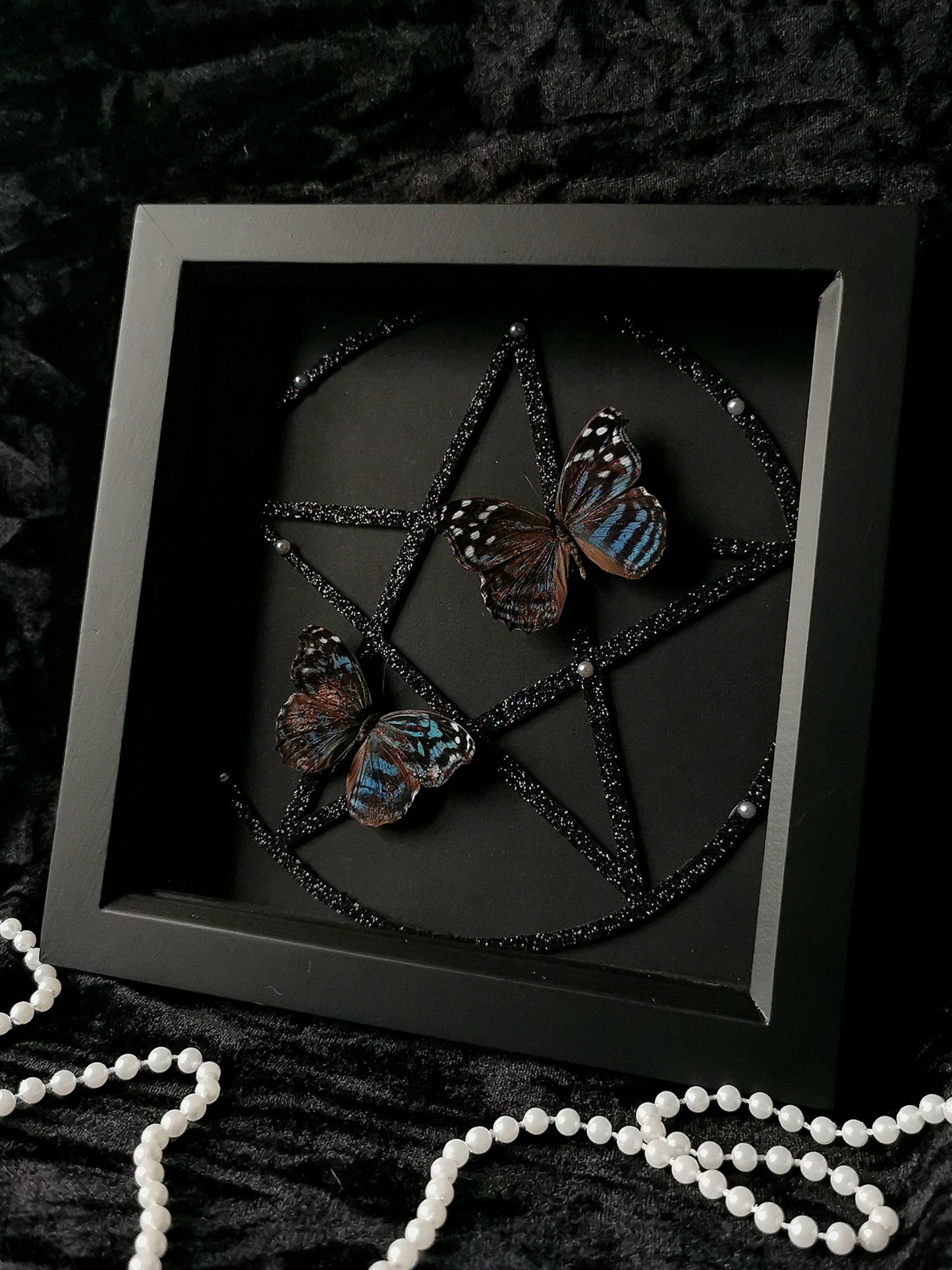 Mexican Bluewing butterflies frame with glitter pentagram
