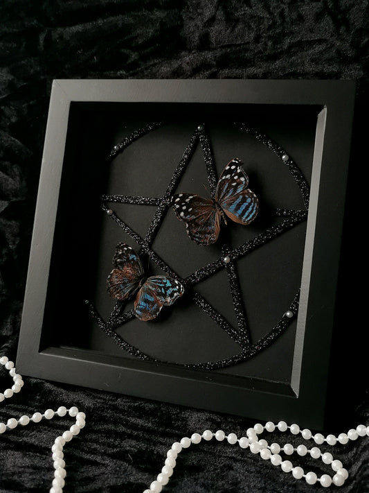 Mexican Bluewing butterflies frame with glitter pentagram